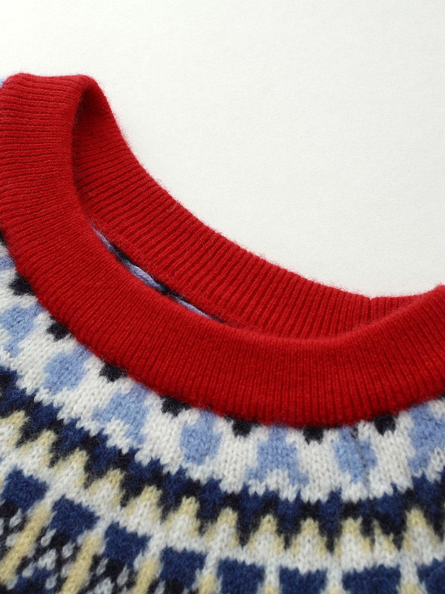 COMOBOCA 100% Wool Kids' Fair Isle Reindeer Round Neck Sweater
