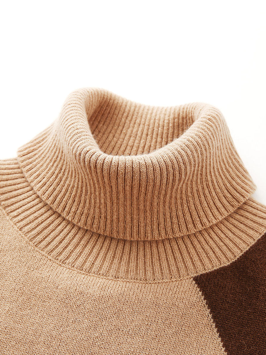 COMOBOCA 100% Cashmere Women's Color Block Turtleneck Sweater