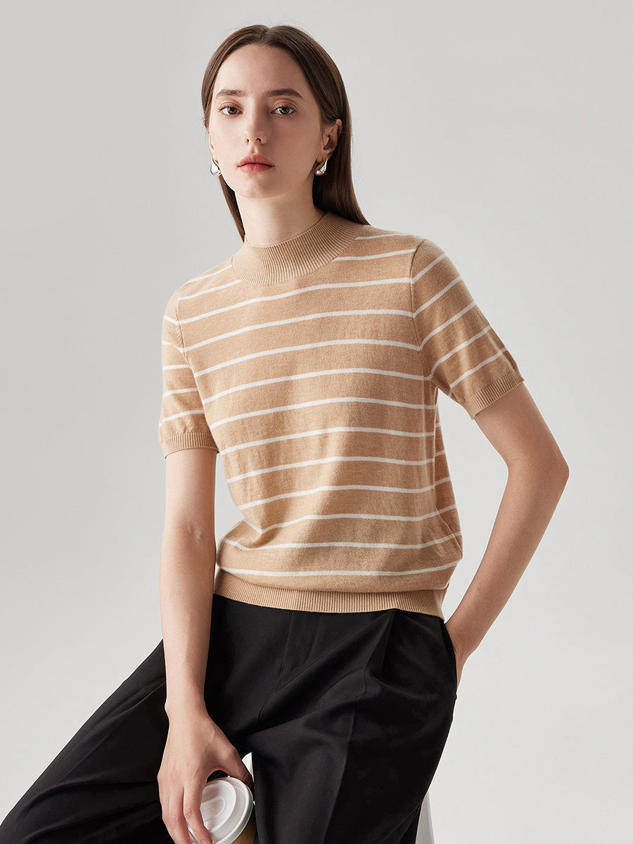 COMOBOCA 100% Wool Women's Mock Neck Striped Ribbed T-Shirt