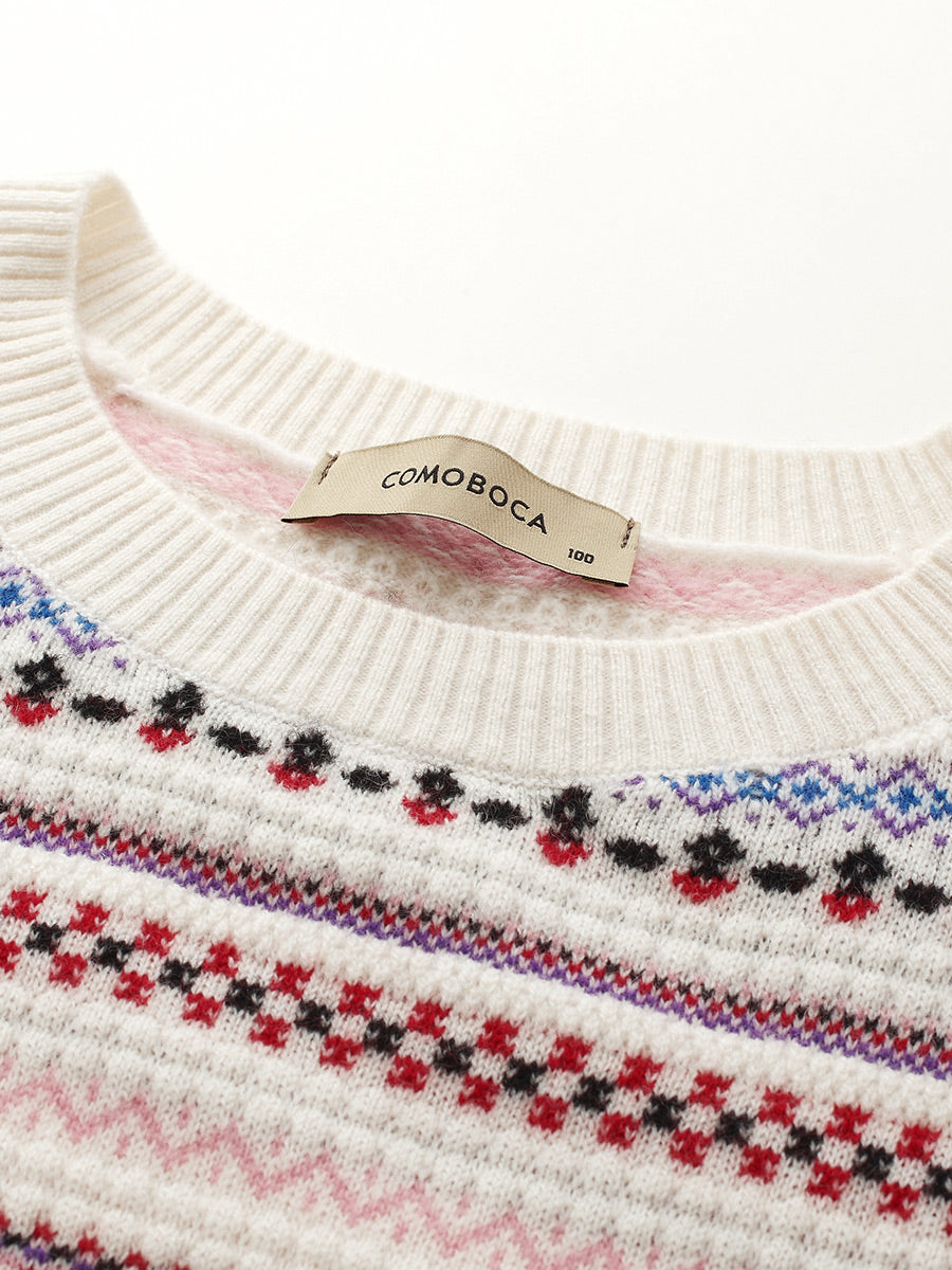 COMOBOCA 100% Cashmere Women's Fair Isle Round Neck Sweater