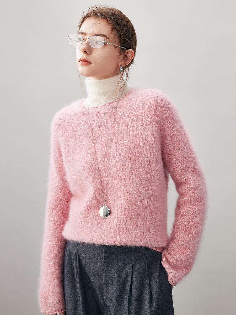 COMOBOCA 100% Wool Women's Fuzzy Round Neck Sweater