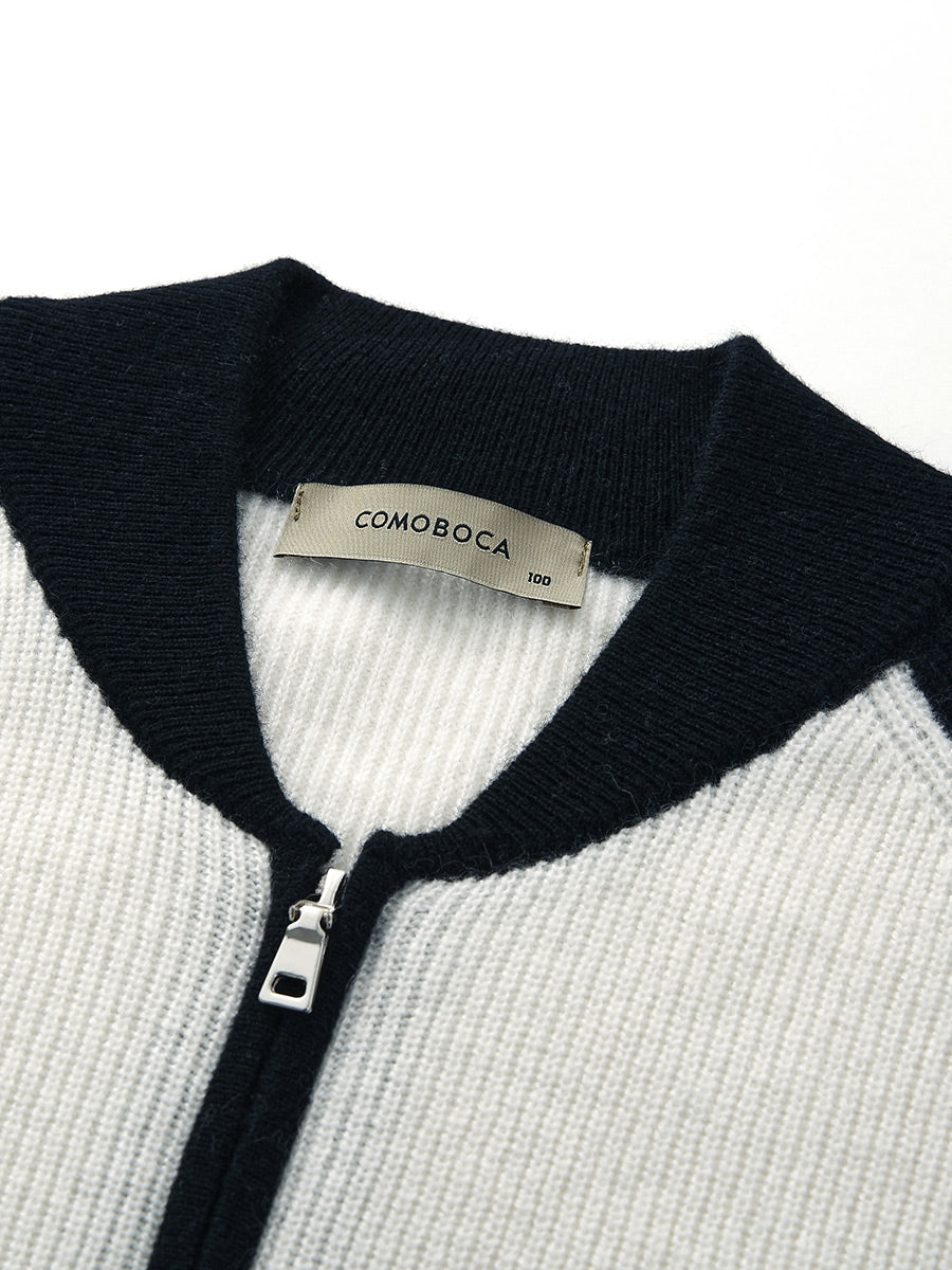 COMOBOCA 100% Cashmere Women's Color Block Knit Baseball Jacket