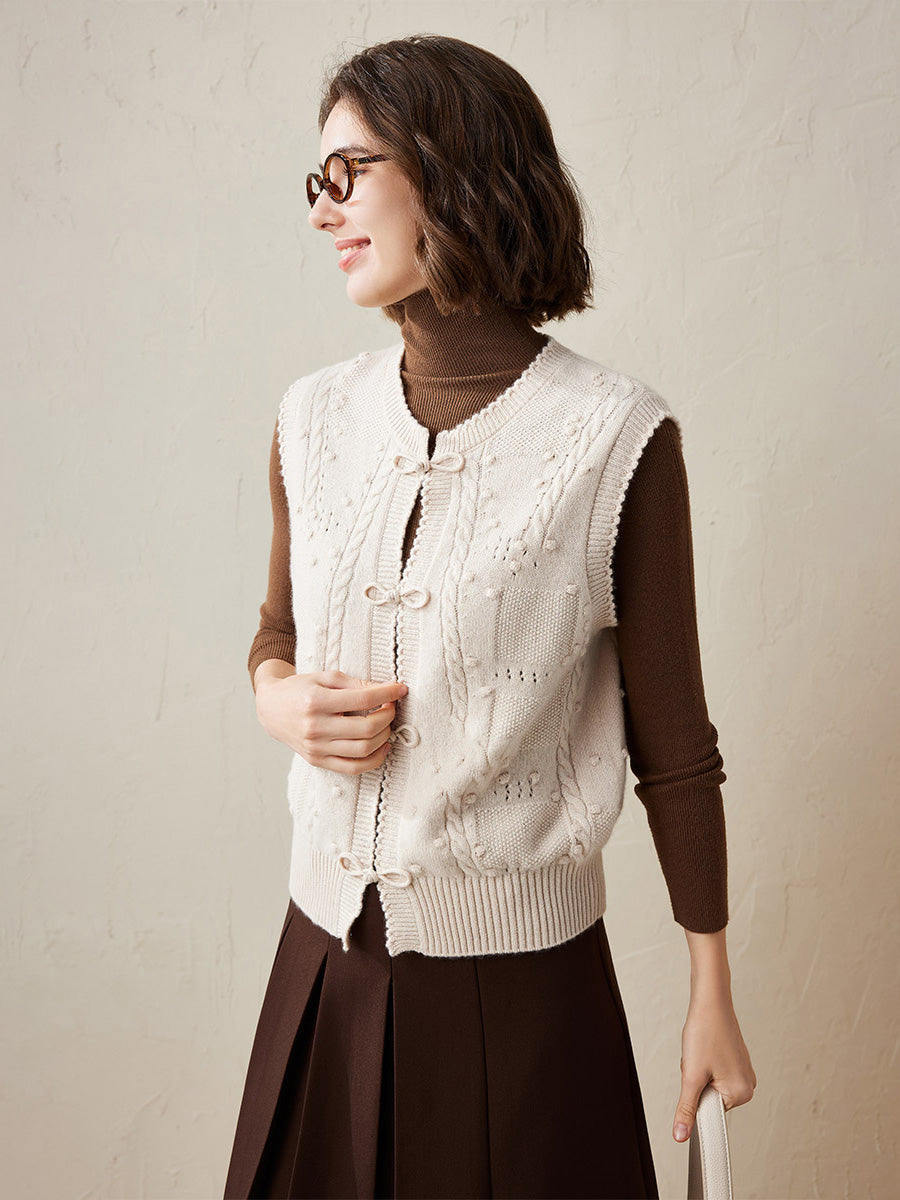COMOBOCA 100% Cashmere Women's Bow Detailing Cable Knit Vest
