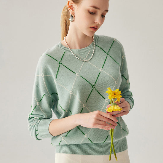 COMOBOCA 100% Cashmere Women's Diamond Patterned Round Neck Sweater