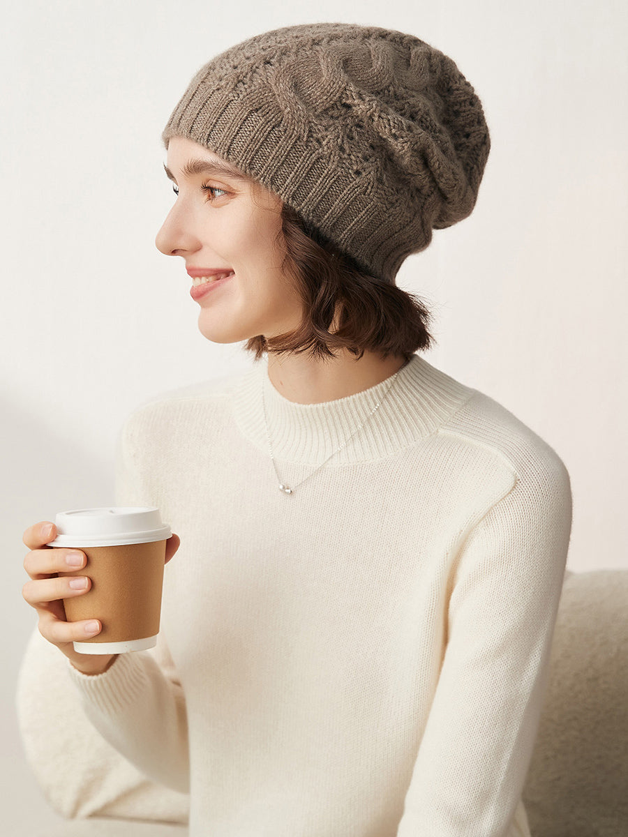 COMOBOCA Light Gray 100% Cashmere Classic Cable Knit Beanie