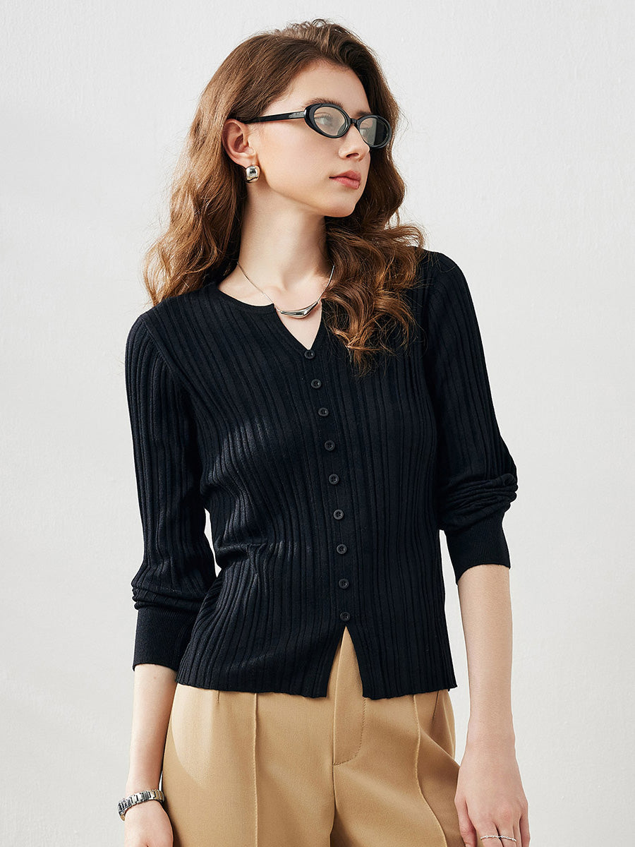 COMOBOCA Black Women's Ribbed V-Neck Faux Cardigan Sweater