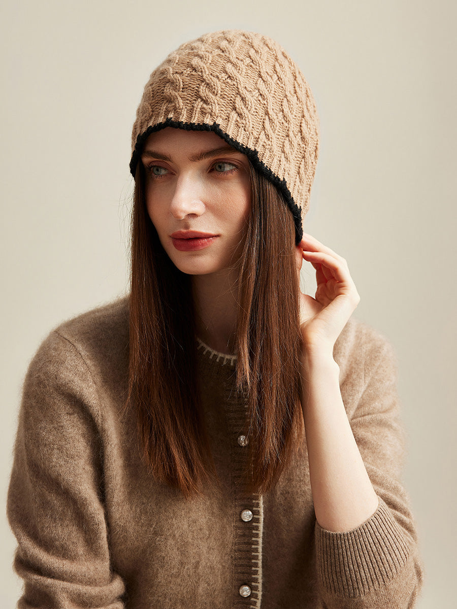 COMOBOCA Camel 100% Cashmere Women's Cable Knit Beanie