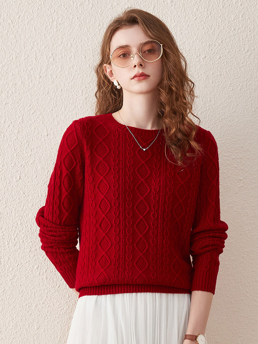 COMOBOCA Red 100% Wool Women's Cable Knit Sweater