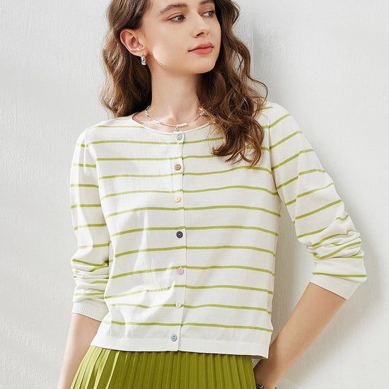 COMOBOCA Green Women's Striped Button-Down Cardigan