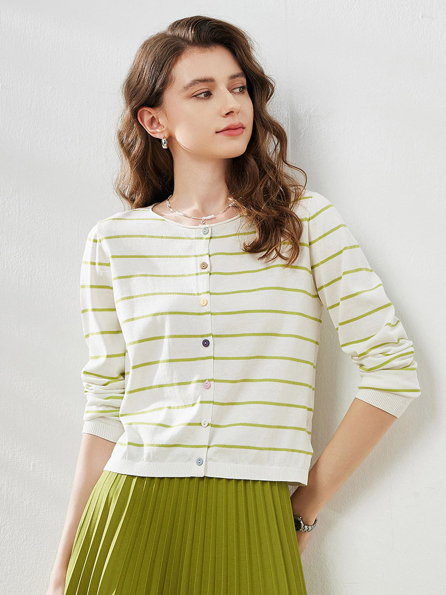 COMOBOCA Green Women's Striped Button-Down Cardigan