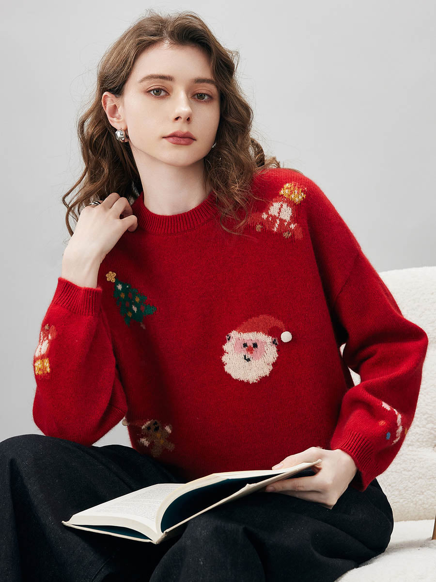 COMOBOCA Women's Wool Christmas Themed Round Neck Sweater