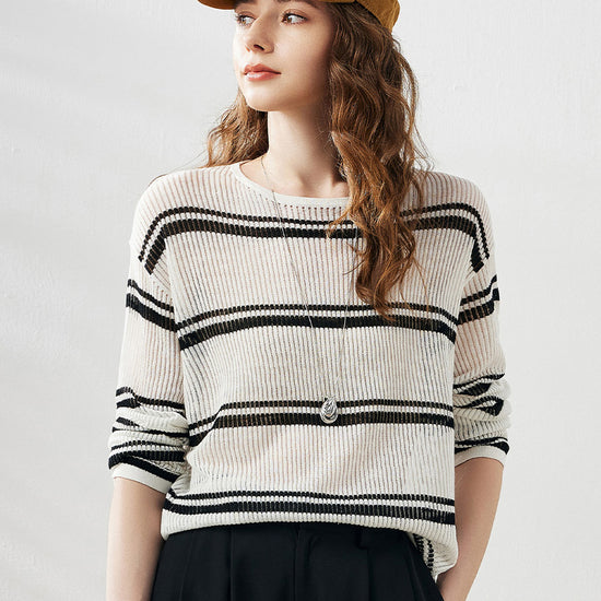 COMOBOCA Women's Striped Ribbed Round Neck Sweater
