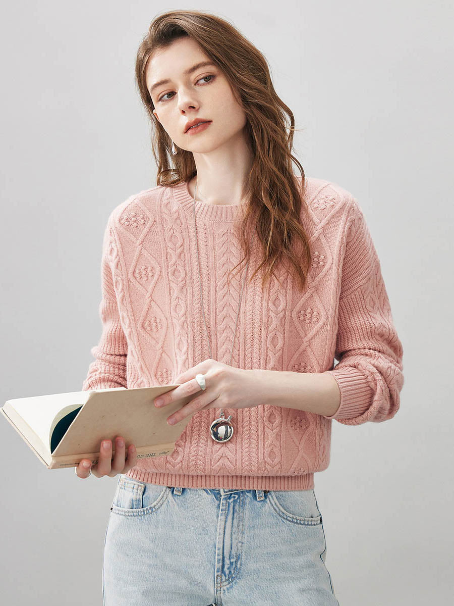 COMOBOCA Light Pink 100% Wool Women's Cable Round Neck Knit Sweater