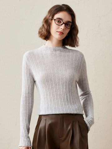 COMOBOCA Purple Gray Women's Ribbed Mock Neck Knit Sweater