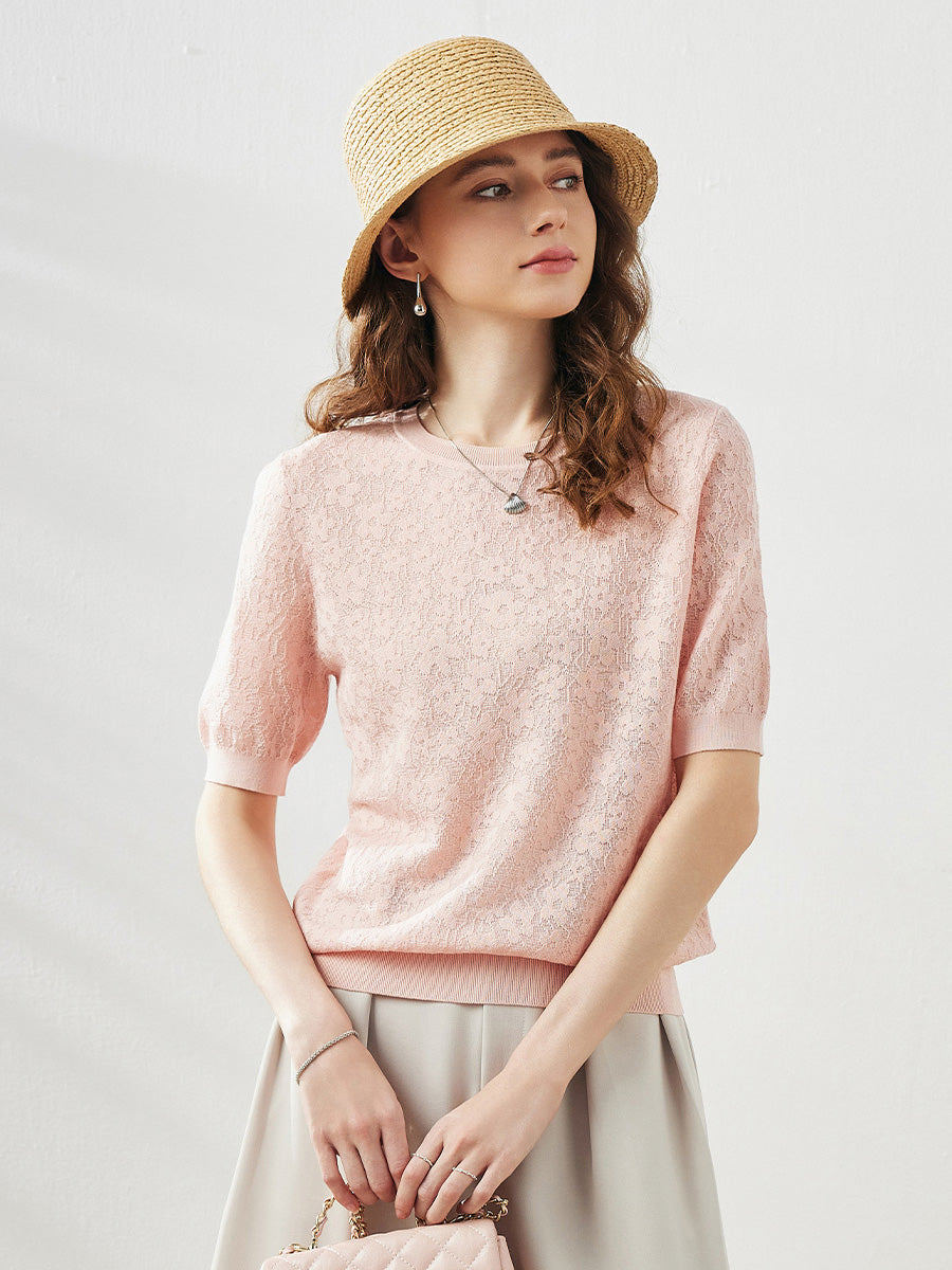 COMOBOCA Women's Cotton Silk Versatile Floral Lace Knit T-Shirt