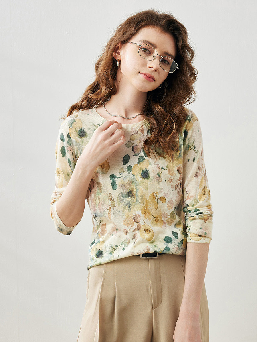 COMOBOCA Women's Floral Round Neck Sweater