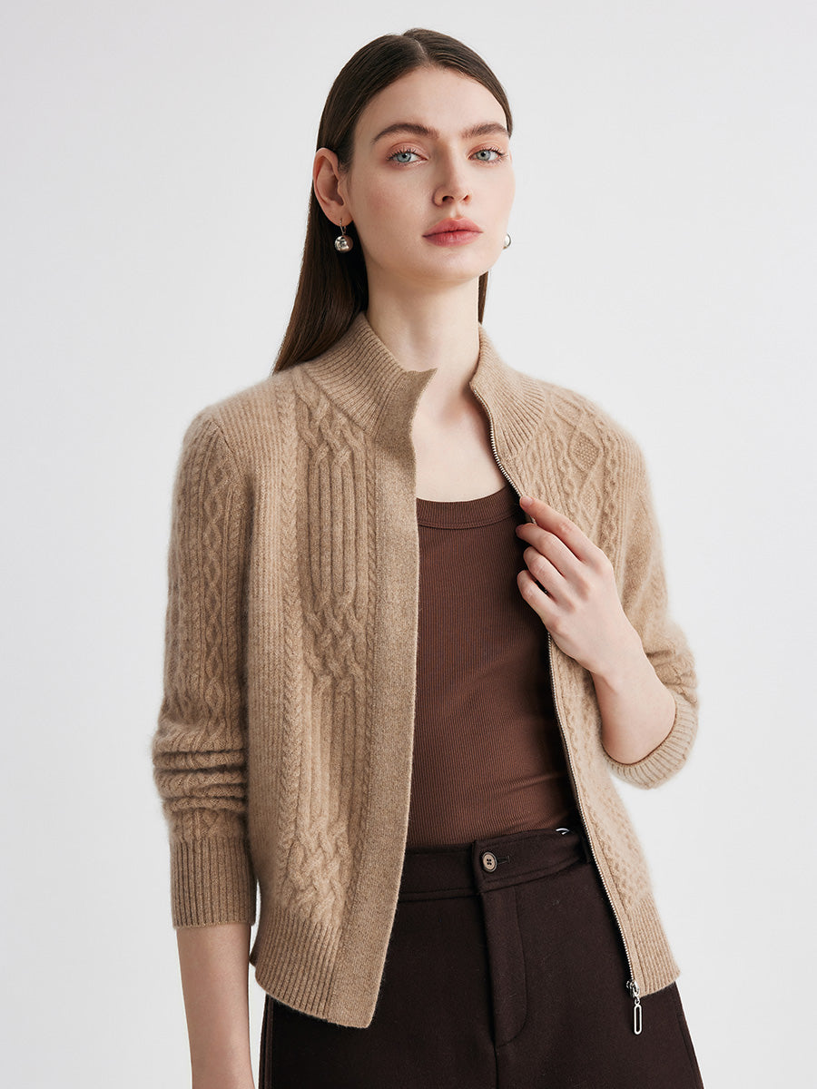 COMOBOCA 100% Cashmere Women's Cable Knit Mock Neck Zip Up Cardigan