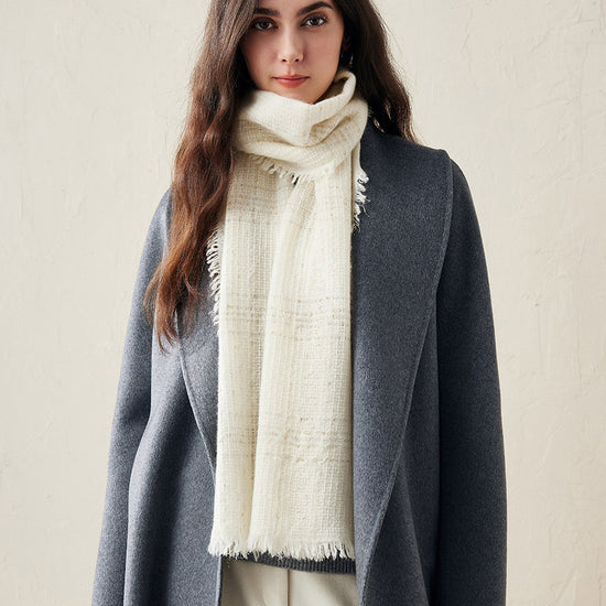 COMOBOCA Beige 100% Cashmere Scarf with Fringes and Metallic Shimmer