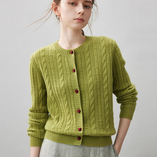 COMOBOCA Olive Green 100% Cashmere Women's Cable Button Front Knit Cardigan