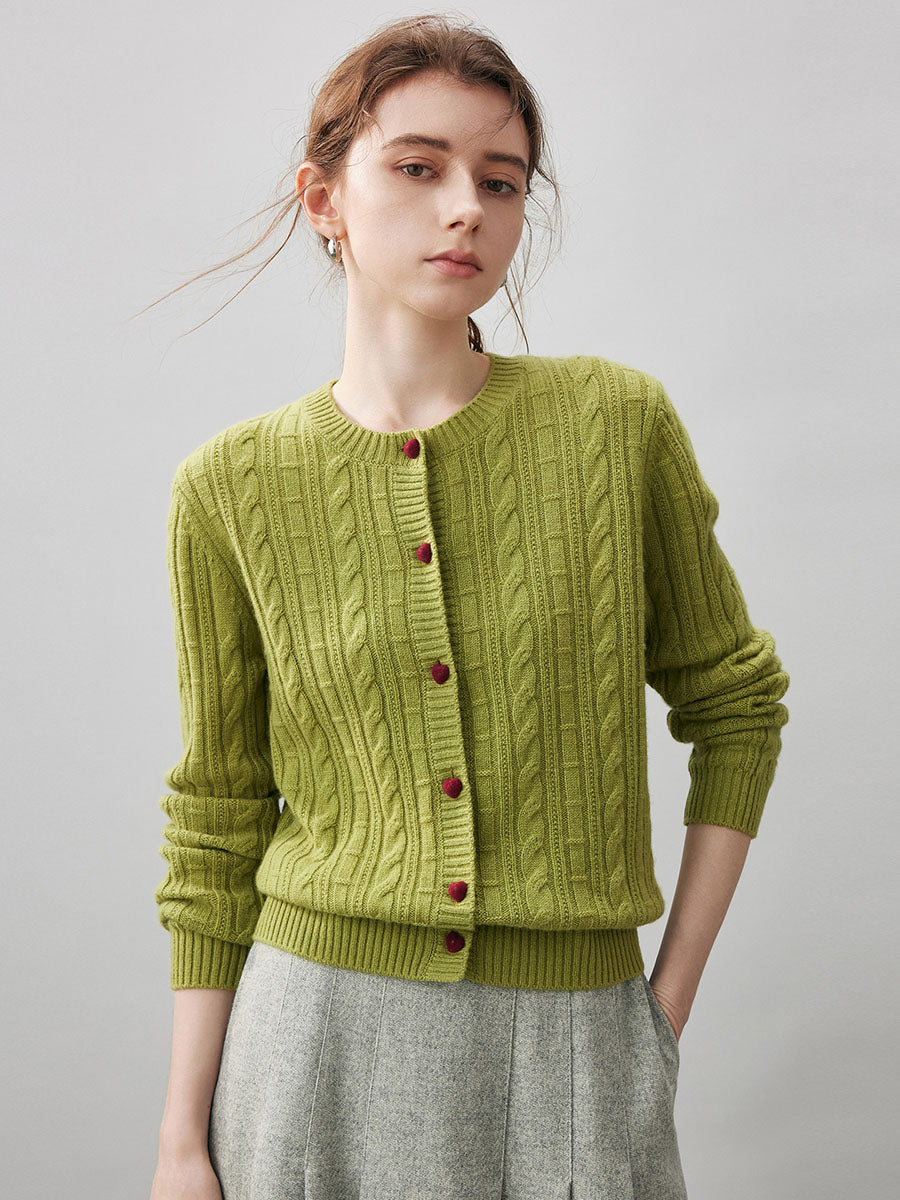 COMOBOCA Olive Green 100% Cashmere Women's Cable Button Front Knit Cardigan