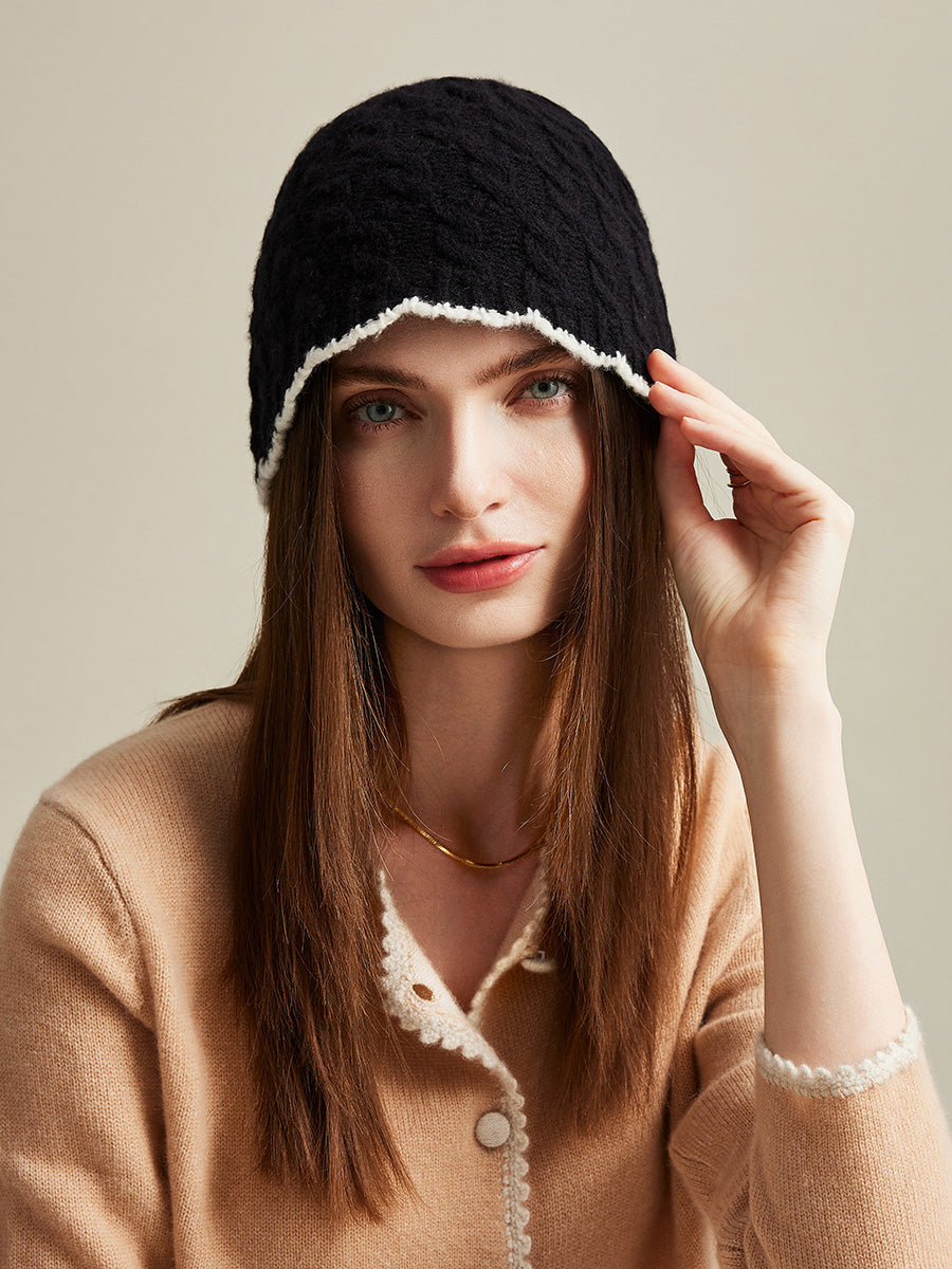 COMOBOCA Black 100% Cashmere Women's Cable Knit Beanie