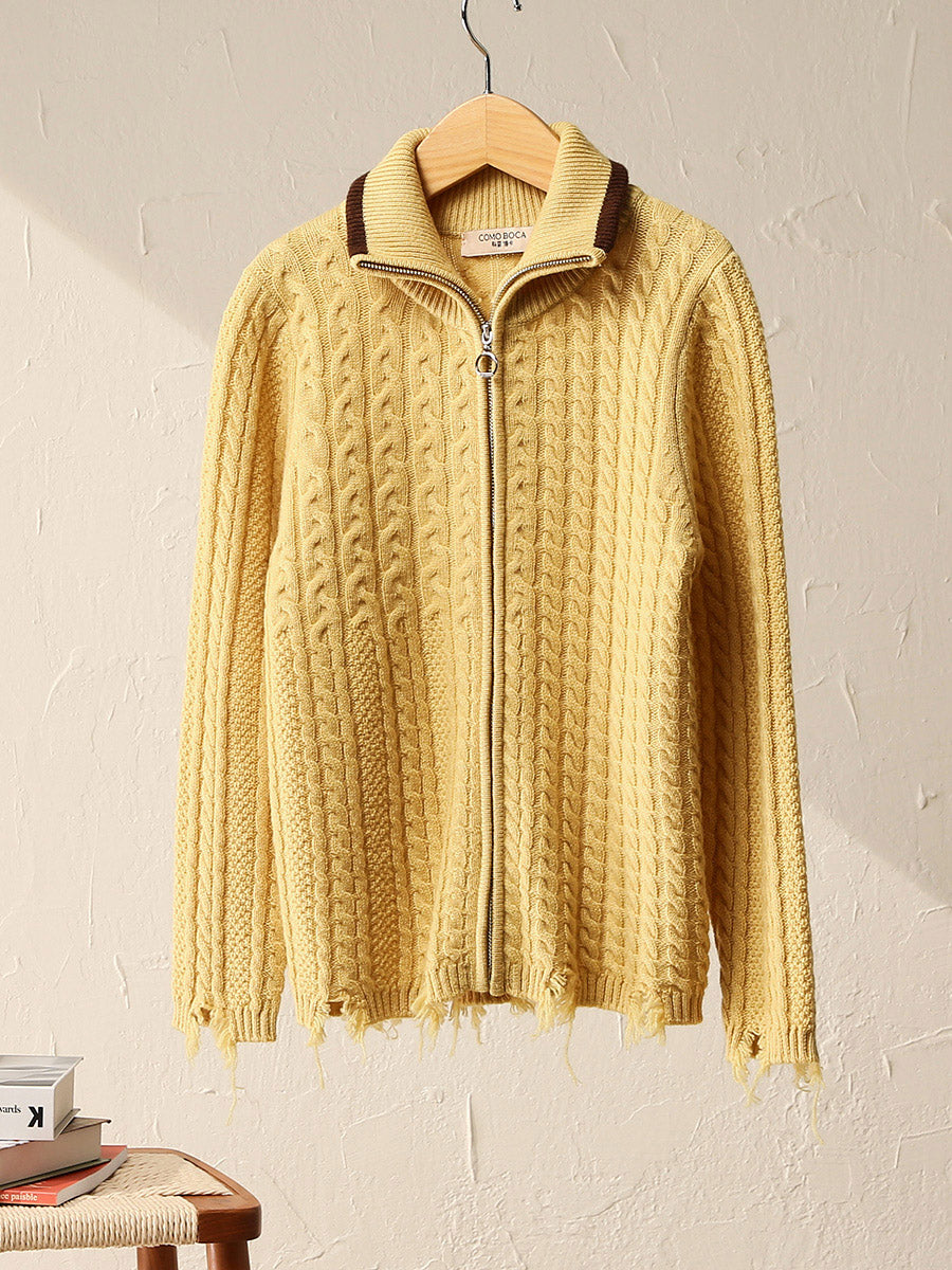 COMOBOCA 100% Wool Kid's Cable Knit Turtleneck Zip Up Cardigan