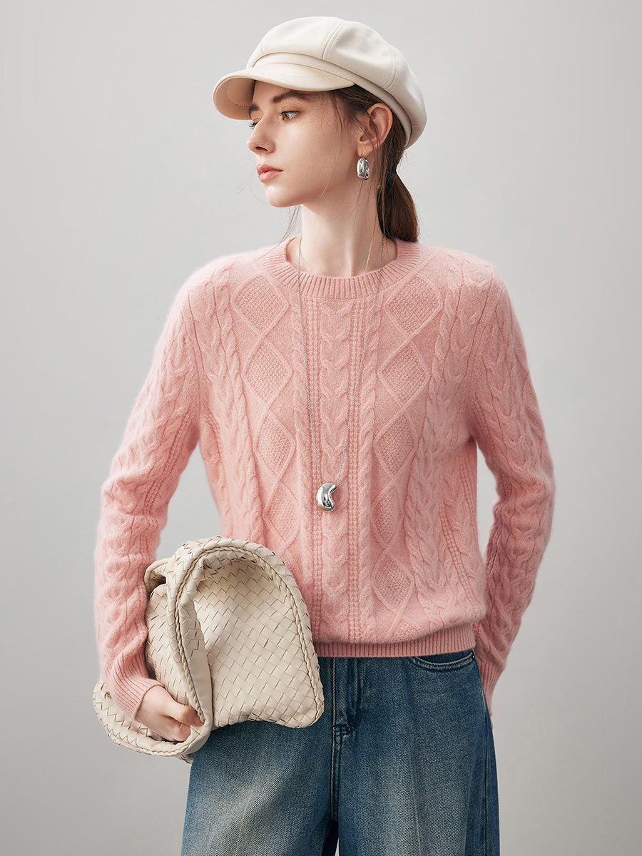 COMOBOCA 100% Cashmere Women's Cable Round Neck Knit Sweater