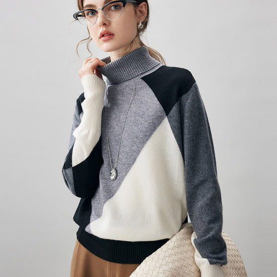 COMOBOCA 100% Cashmere Women's Color Block Turtleneck Sweater