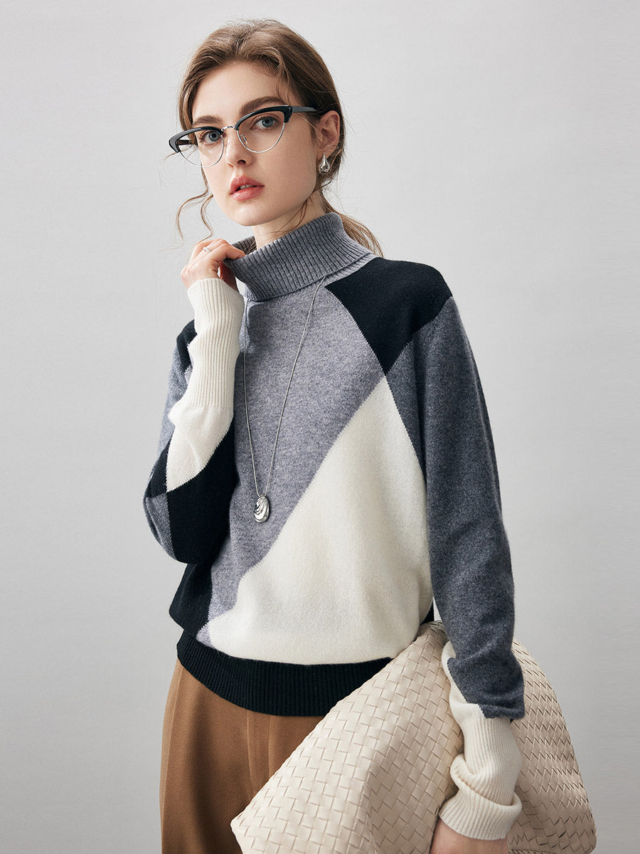 COMOBOCA 100% Cashmere Women's Color Block Turtleneck Sweater
