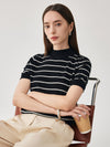 COMOBOCA 100% Wool Women's Mock Neck Striped Ribbed T-Shirt