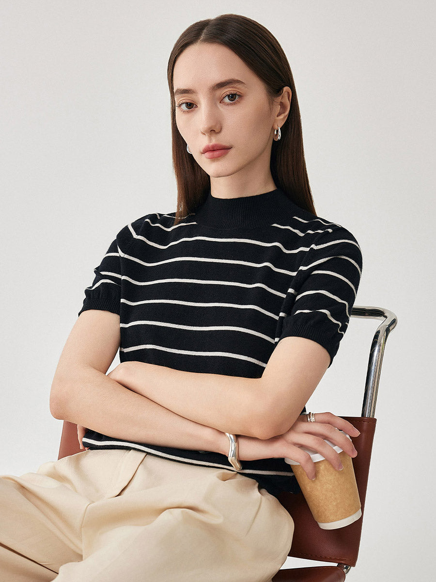 COMOBOCA 100% Wool Women's Mock Neck Striped Ribbed T-Shirt