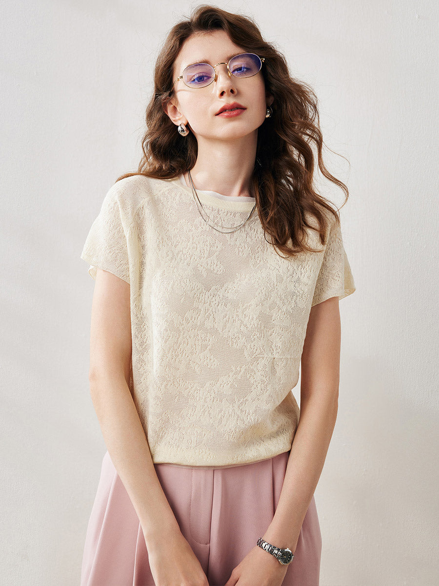 COMOBOCA XXL Cream Women's Lace Patterned Knit T-Shirt