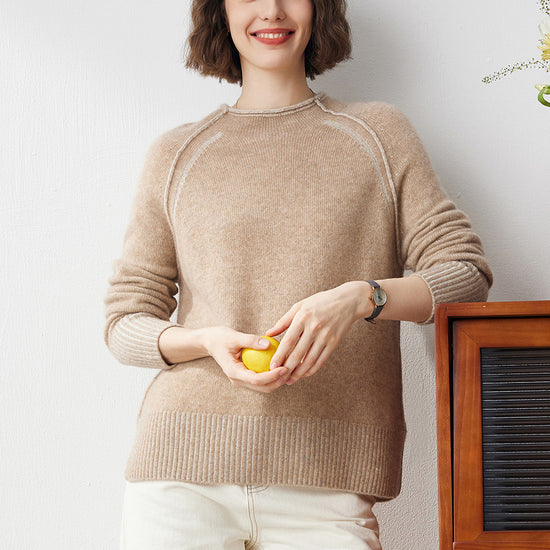 COMOBOCA Camel 100% Cashmere Women's Round Neck Ribbed Sweater