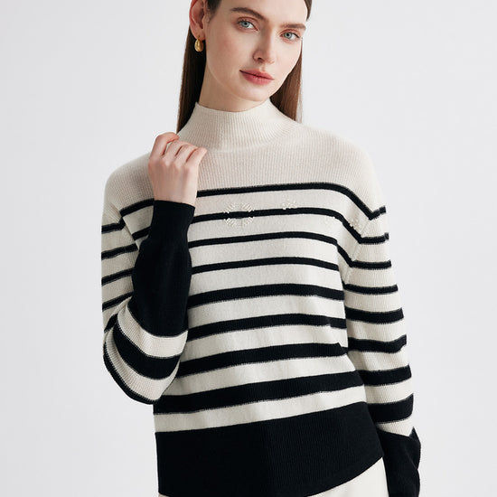COMOBOCA 100% Cashmere Women's Striped Mock Neck Knit Sweater