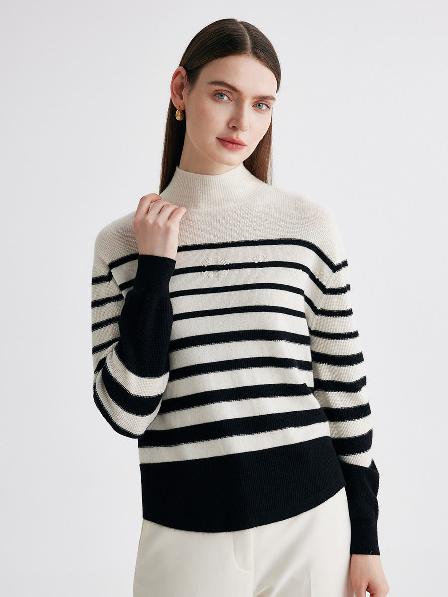 COMOBOCA 100% Cashmere Women's Striped Mock Neck Knit Sweater