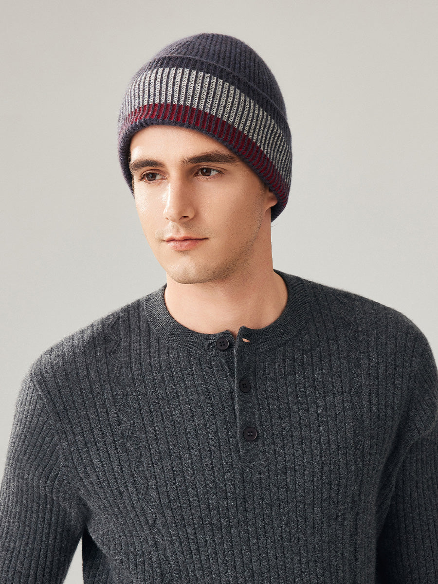 COMOBOCA 100% Wool Men's Striped Ribbed Knit Beanie