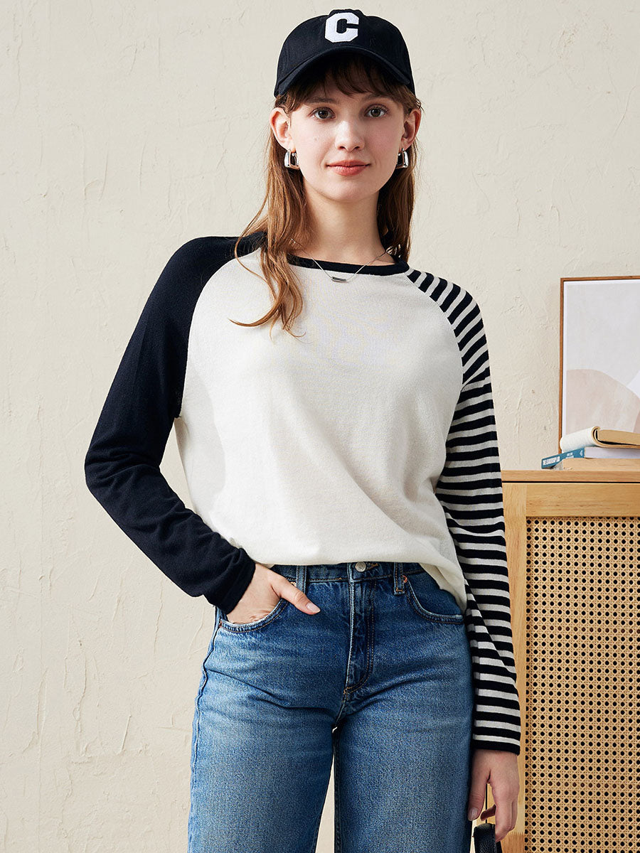 COMOBOCA White 100% Wool Women's Striped Sleeve Contrast Knit Worsted Sweater