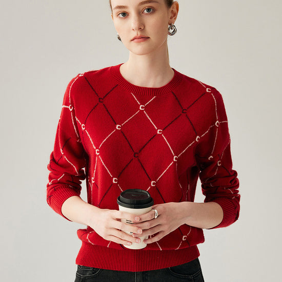 COMOBOCA Red 100% Cashmere Women's Diamond Patterned Round Neck Sweater