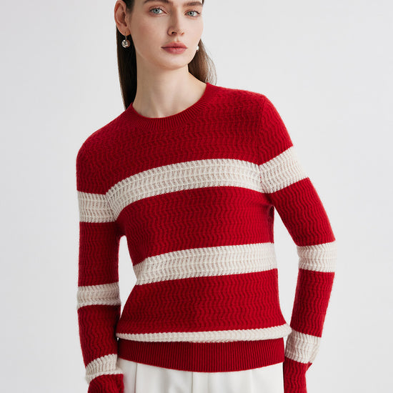 COMOBOCA 100% Cashmere Women's Striped Round Neck Sweater