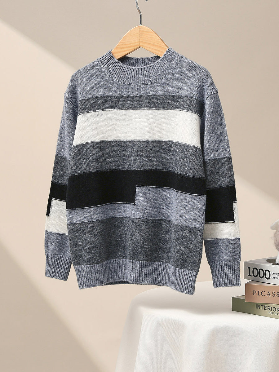 COMOBOCA Gray 100% Wool Kids' Geometric Color Block Striped Knit Sweater