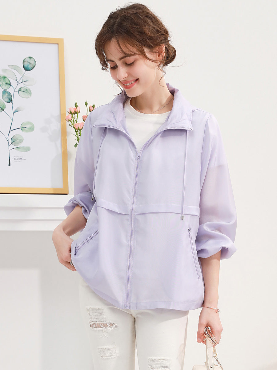 COMOBOCA One size Purple 100% Mulberry Silk Women's Zip Up Hooded Jacket