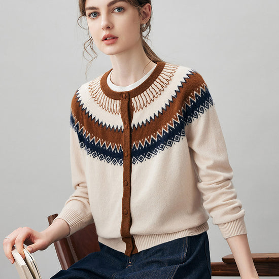 COMOBOCA 100% Cashmere Women's Fair Isle Button Front Cardigan