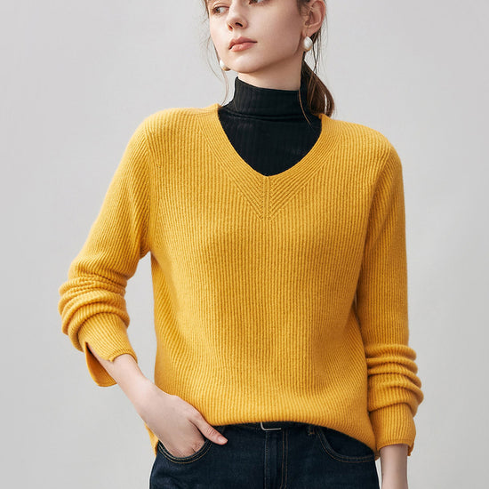 COMOBOCA S Yellow 100% Cashmere Women's V-Neck Ribbed Knit Sweater