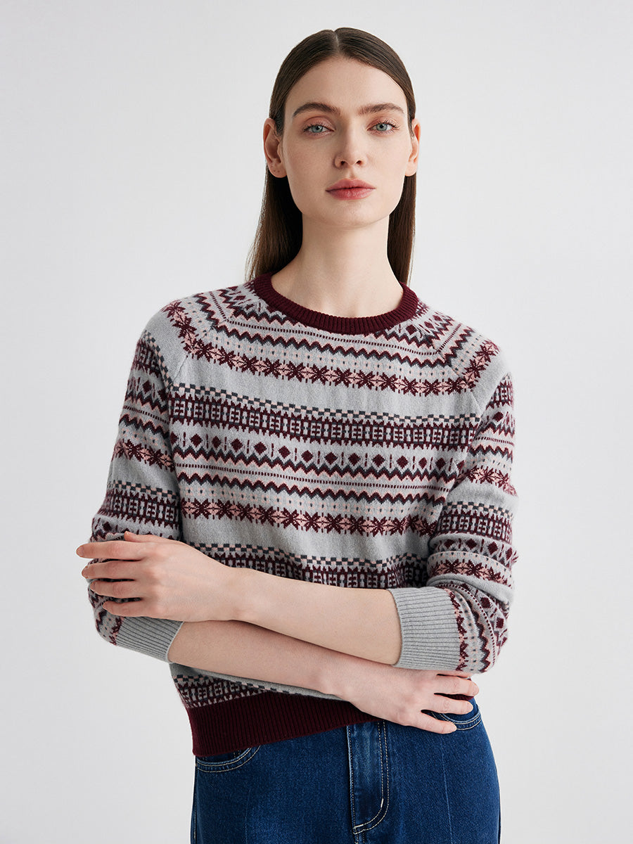 COMOBOCA 100% Cashmere Women's Fair Isle Round Neck Knit Sweater