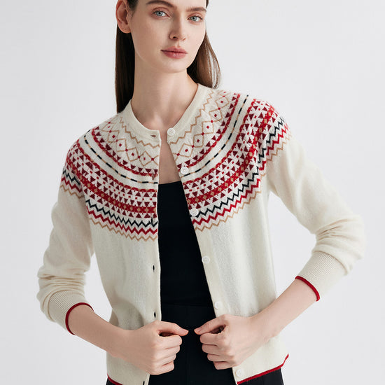 COMOBOCA 100% Cashmere Women's Fair Isle Button Front Cardigan