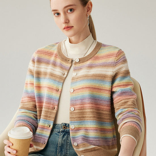 COMOBOCA 100% Cashmere Women's Striped Button Down Cardigan