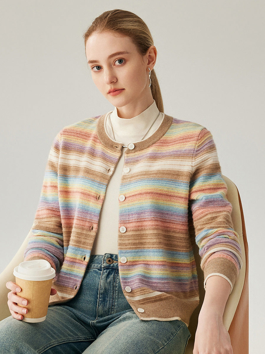 COMOBOCA 100% Cashmere Women's Striped Button Down Cardigan
