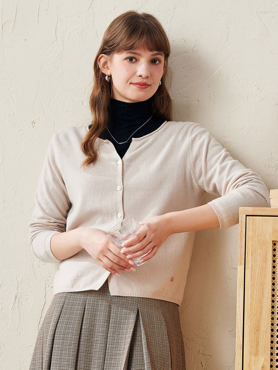 COMOBOCA Beige 100% Wool Women's V-Neck Button Up Cardigan