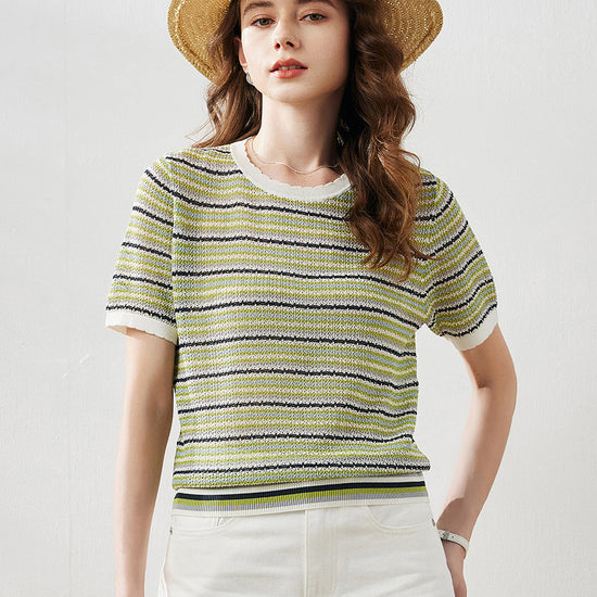 COMOBOCA Women's Striped Short Sleeve Knit Sweater