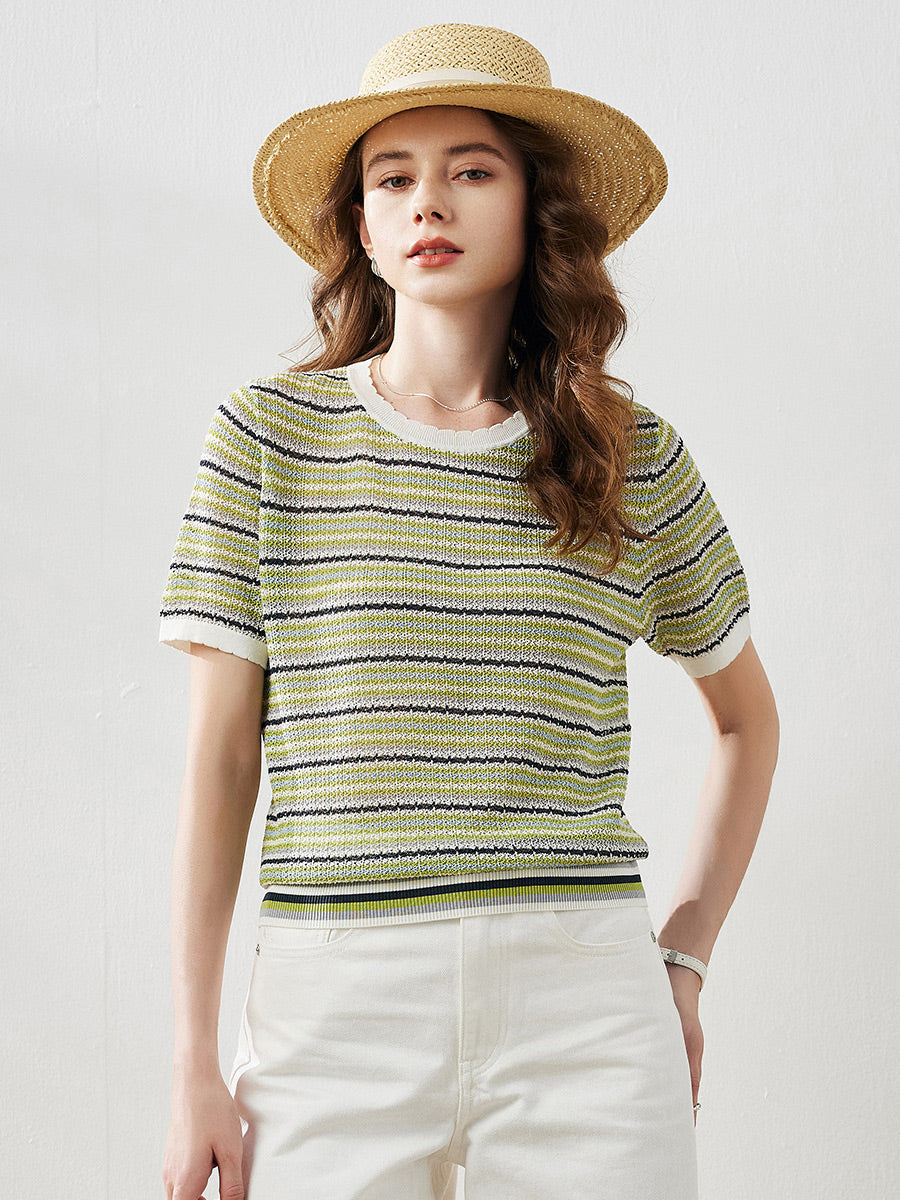 COMOBOCA Women's Striped Short Sleeve Knit Sweater